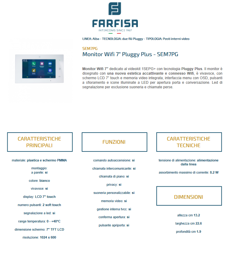 Monitor Wifi 7" Pluggy Plus - SEM7PG FARFISA
