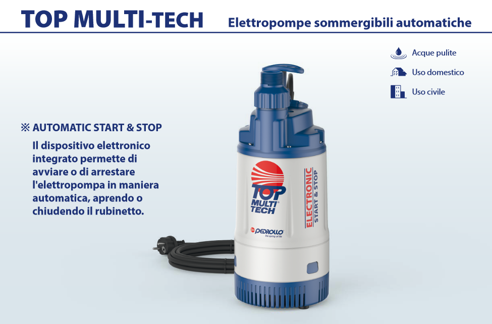 Elettropompa sommergibile multigirante automatica PEDROLLO TOP MULTI TECH 3 - 0.75HP