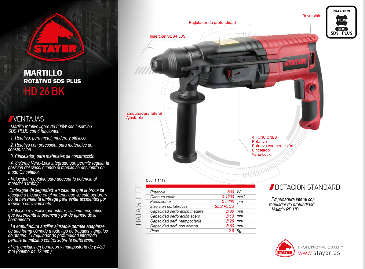 Martello tassellatore rotativo SDS Plus 800W - STAYER HD 26 BK