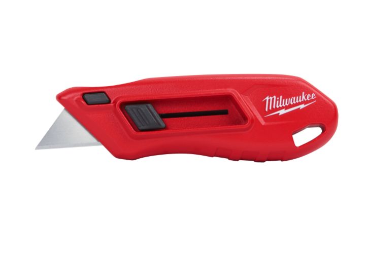 MILWAUKEE 4932492379 coltellino scorrevole compatto con lama estratta su fondo bianco