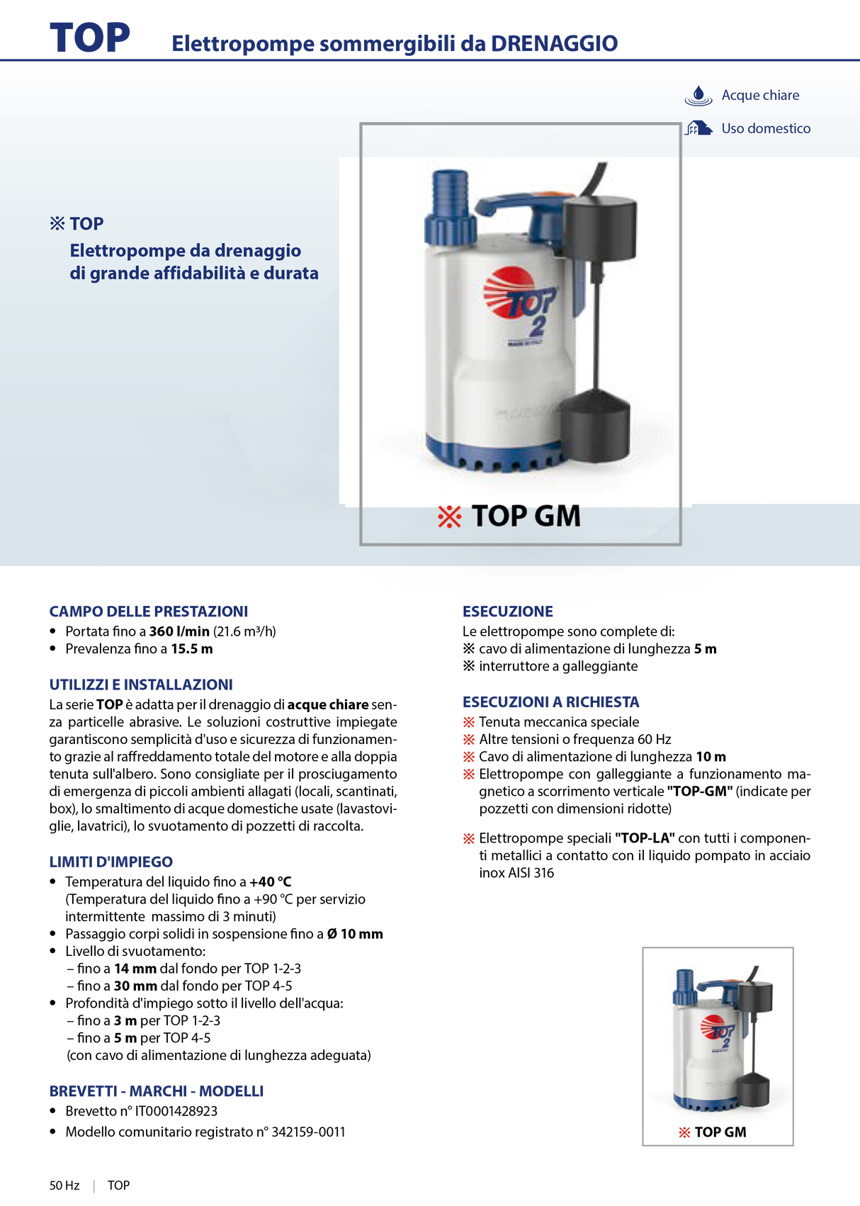 Elettropompa sommergibile per drenaggio acque chiare 0,50HP TOP2 -GM PEDROLLO