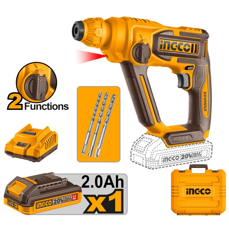 INGCO Martello tassellatore 20V SDS-Plus con 1 batteria da 2Ah e caricabatteria in valigetta