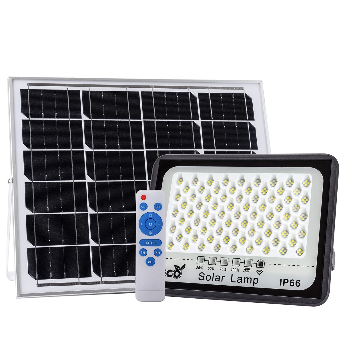 Faro LED da 100W ad energia solare con sensore crepuscolare e telecomando