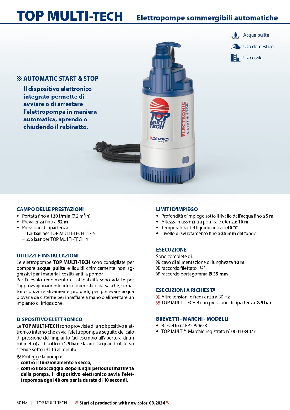 PEDROLLO TOP MULTI-TECH scheda tecnica campo delle prestazioni e utilizzi