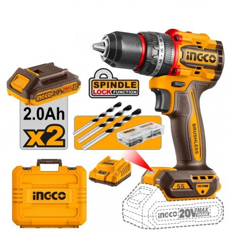 INGCO Trapano Avvitatore COMPACT con percussione 20V 55Nm BRUSHLESS con 2 batterie 2Ah