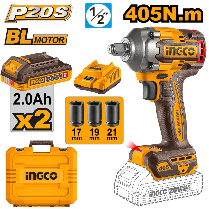 INGCO - Visseuse à impulsions Brushless 20V CIWLI2040E | 400 Nm | 2 batteries 2Ah | Valise