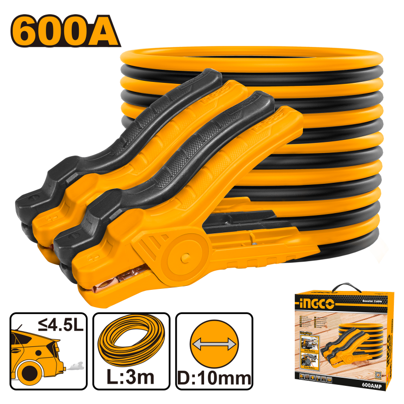 INGCO - Cavi Batteria Auto HBTCP6008 | 600A | 3m | Rame Rivestito | Morsetti 18x10cm | Max 4,5L