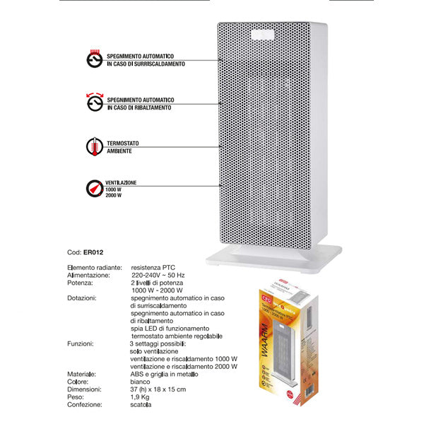 CFG Waarm ER012 scheda tecnica caratteristiche spegnimento automatico surriscaldamento ribaltamento termostato