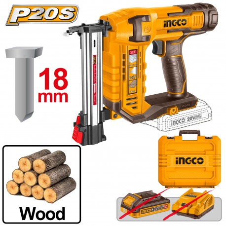INGCO - Chiodatrice per Legno a Batteria CSTLI3805 | 20V | Chiodi ST18mm | Caricatore 65pz | 200 Chiodi Inclusi | Solo Corpo