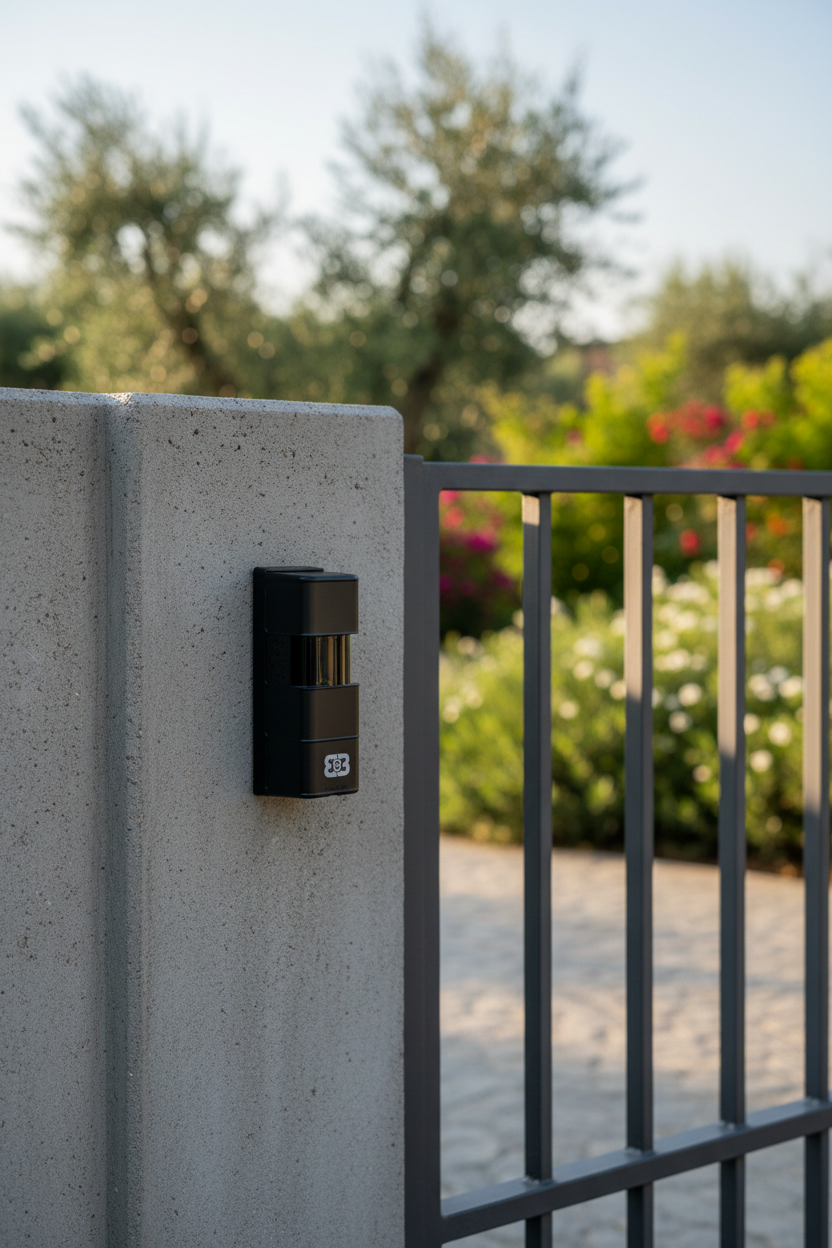 Dettaglio fotocellula CELL180 montata su pilastro moderno