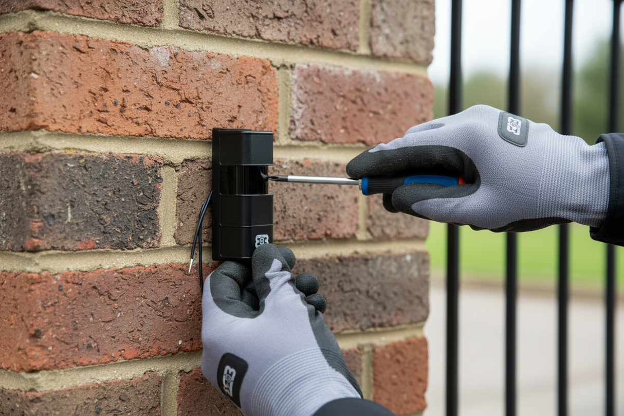 Elettricista installa fotocellula CELL180 - scena realistica