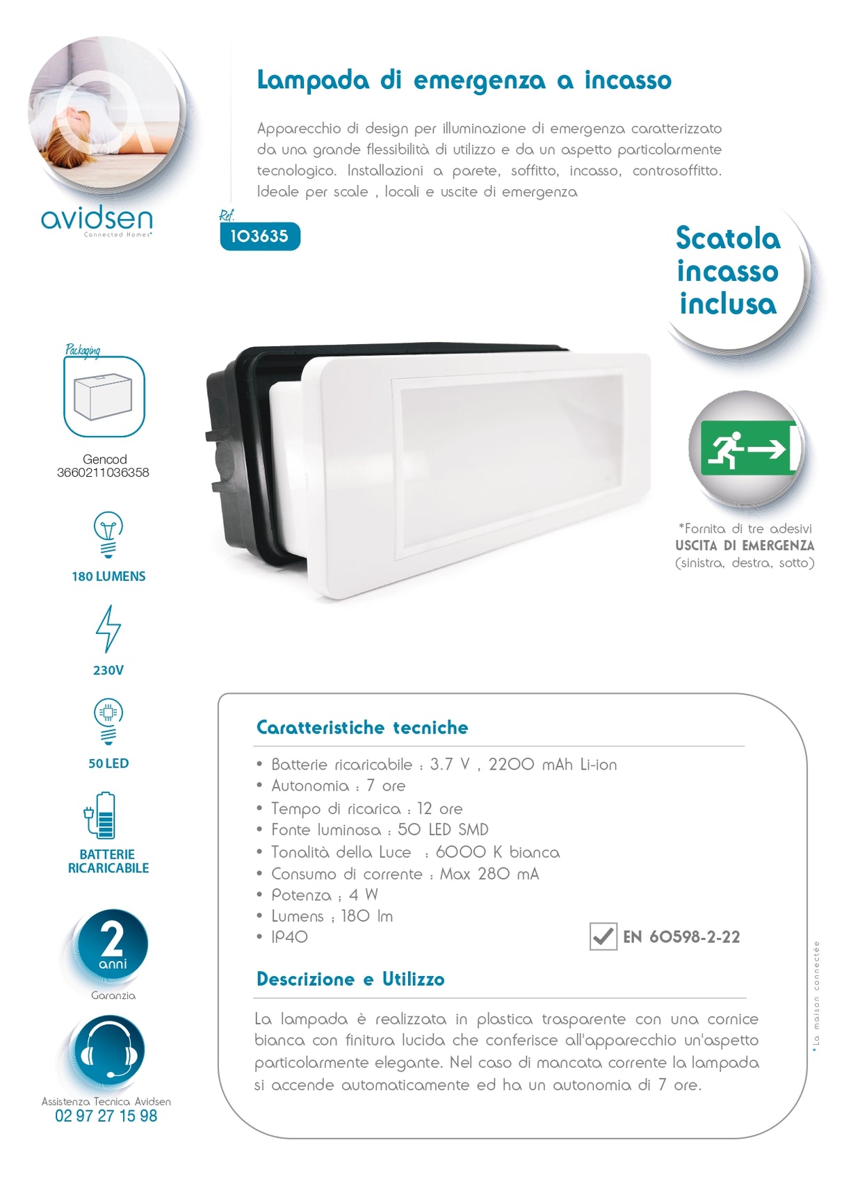 AVIDSEN Lampada di emergenza a incasso a LED fornita di tre adesivi USCITA DI EMERGENZA (sinistra, destra, sotto)