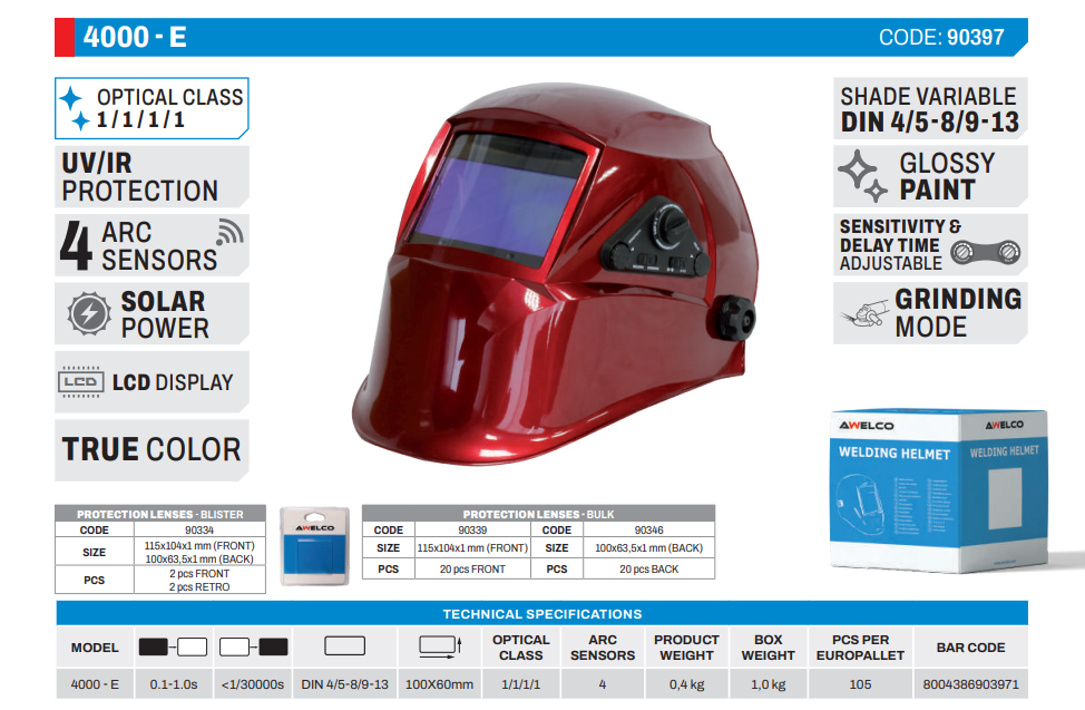 AWELCO - Casco Maschera Saldatura Autoscurante 4000-E 90397 | DIN 4/5-8/9-13 | 4 Sensori | Classe 1/1/1/1 | True Color | Grinding Mode | Glossy Red