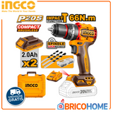 INGCO Trapano Avvitatore COMPACT con percussione 20V 66Nm BRUSHLESS con 2 batterie 2Ah