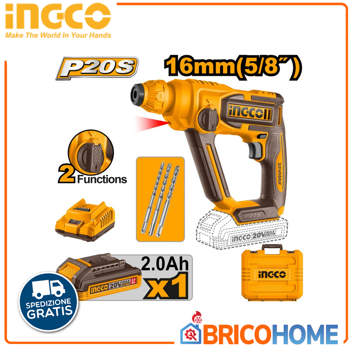 INGCO Martello tassellatore 20V SDS-Plus con 1 batteria da 2Ah e caricabatteria in valigetta