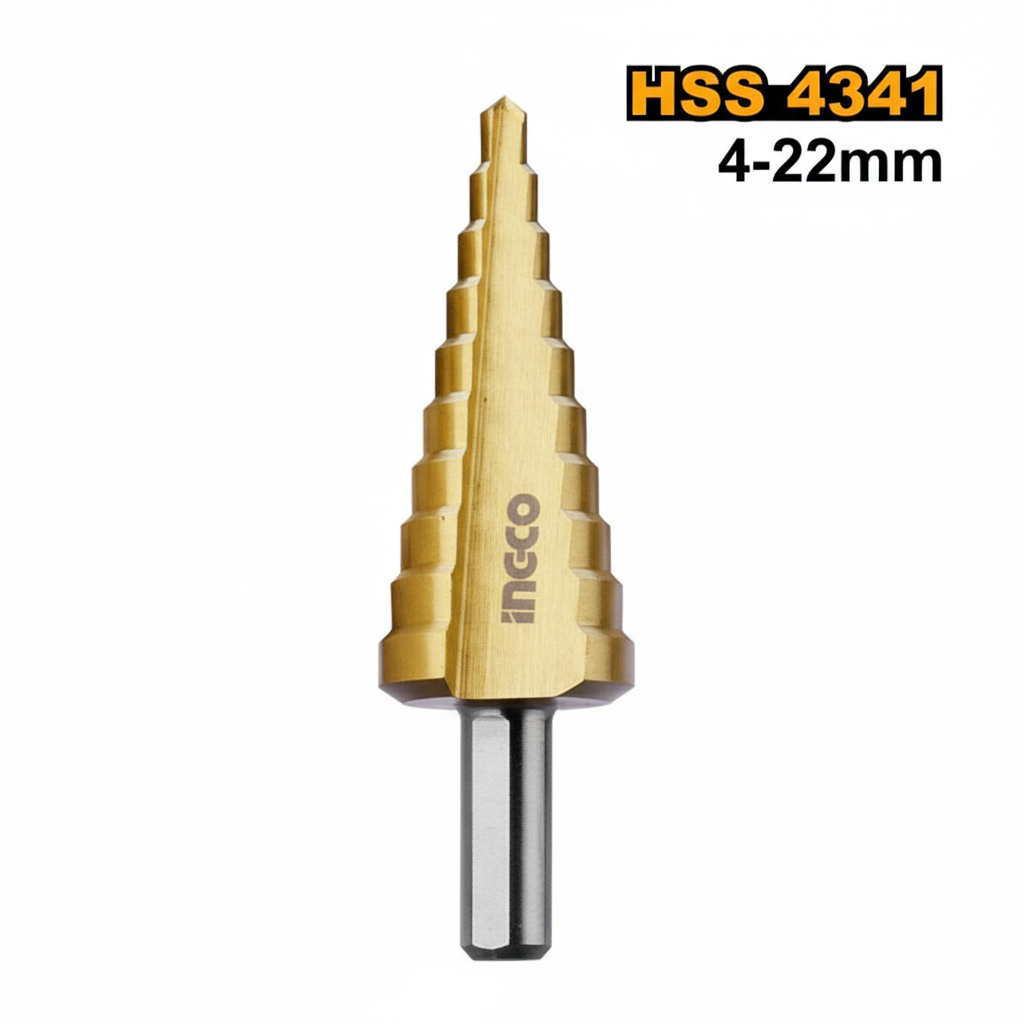 INGCO punta trapano gradino 4-22mm HSS 4341 sfondo bianco con scritte