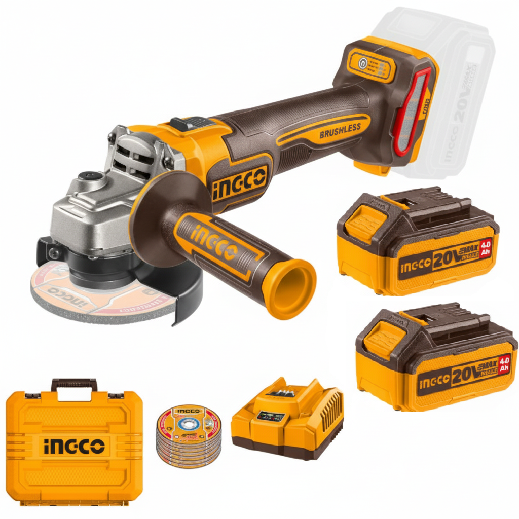 INGCO - Smerigliatrice Angolare Brushless CAGLI271532E | 20V 1000W | 115mm | 3 Velocita' | 2 Batterie 4Ah + 10 Dischi | Valigetta