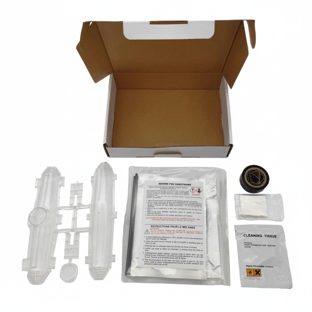 Kit riparazione resina poliuretanica componenti scatola aperta flat lay sfondo bianco
