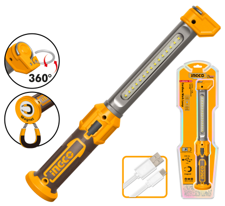 INGCO - Lampada da Lavoro Ricaricabile 300 Lumen HWLI043006 | 4V | USB-C | Base Magnetica | Gancio 360°