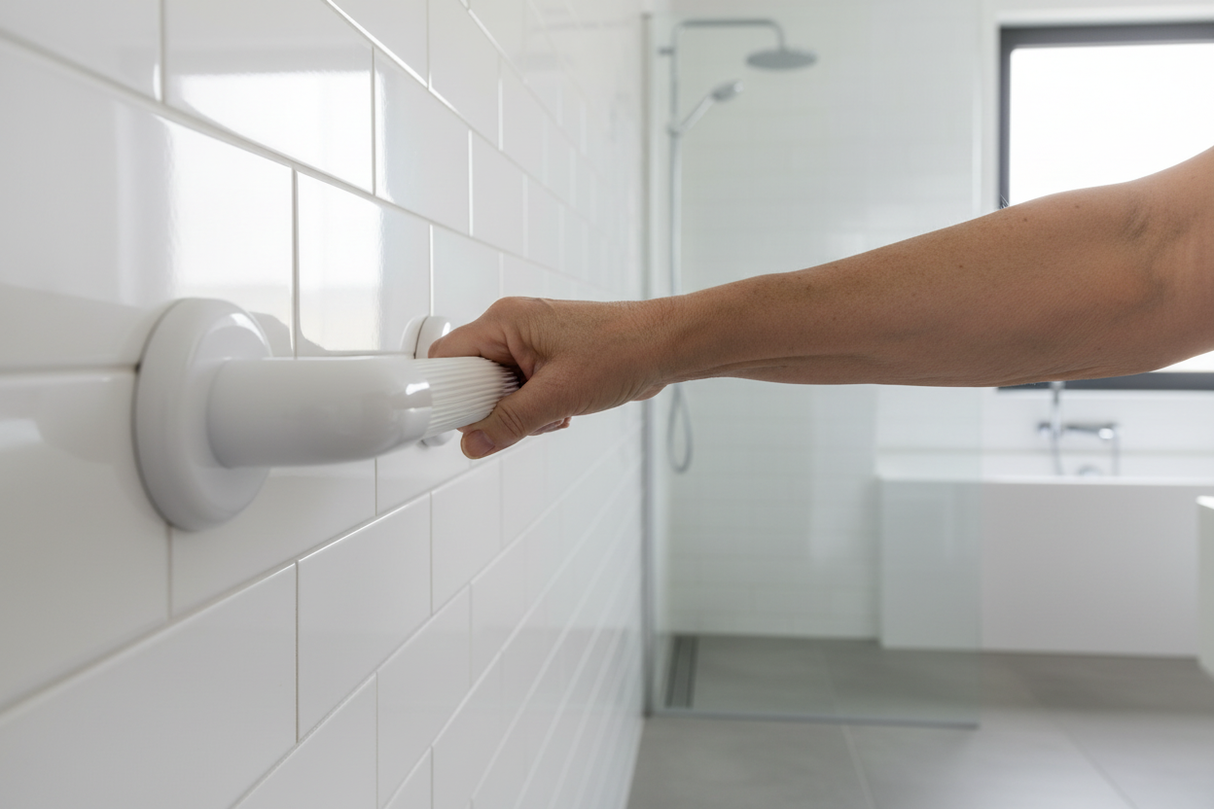 Maniglione sicurezza 60cm bianco installato bagno moderno accessibilità