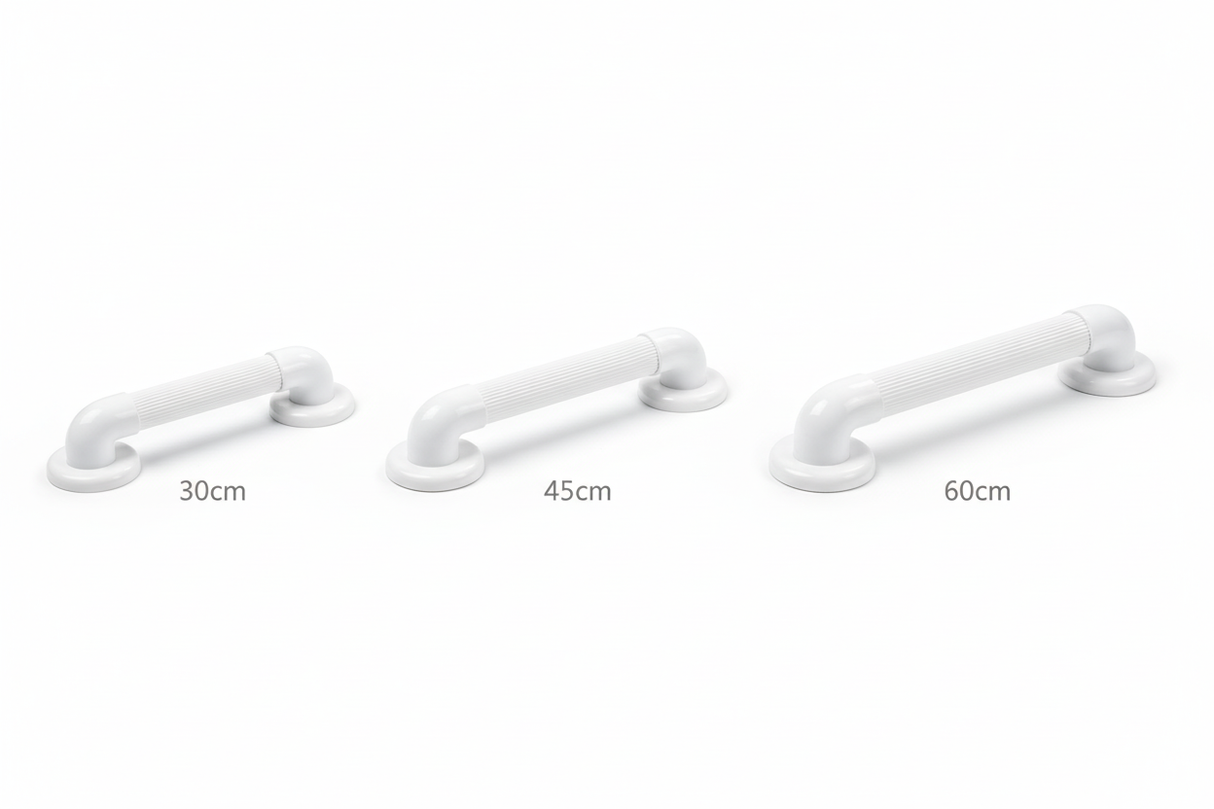 Maniglione sicurezza bagno bianco confronto 30cm 45cm 60cm sfondo bianco