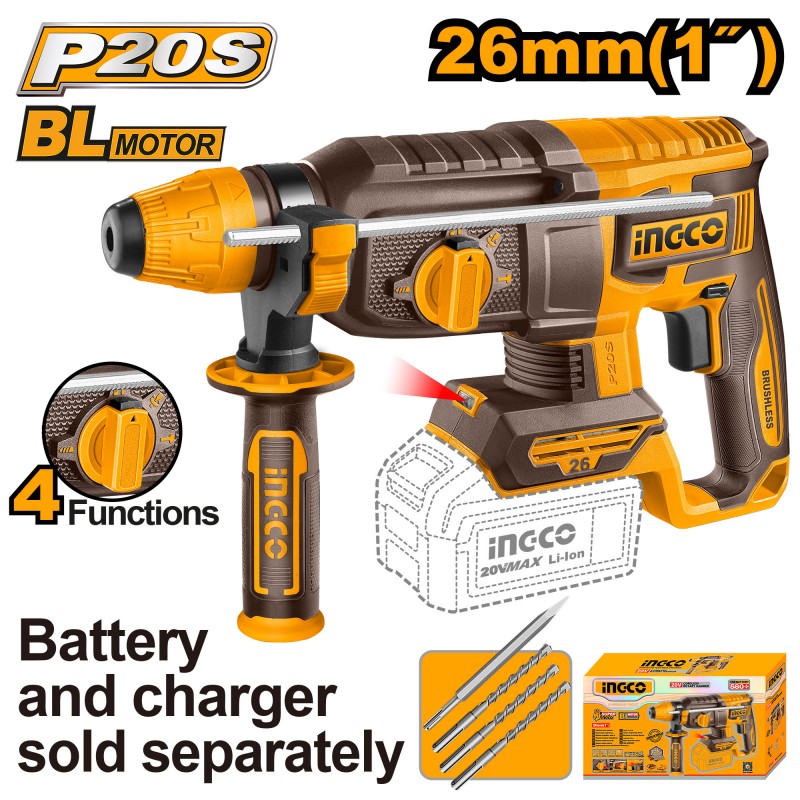 INGCO CRHLI26208 Martello Demolitore Brushless 20V SDS-Plus 4 Funzioni Solo Corpo