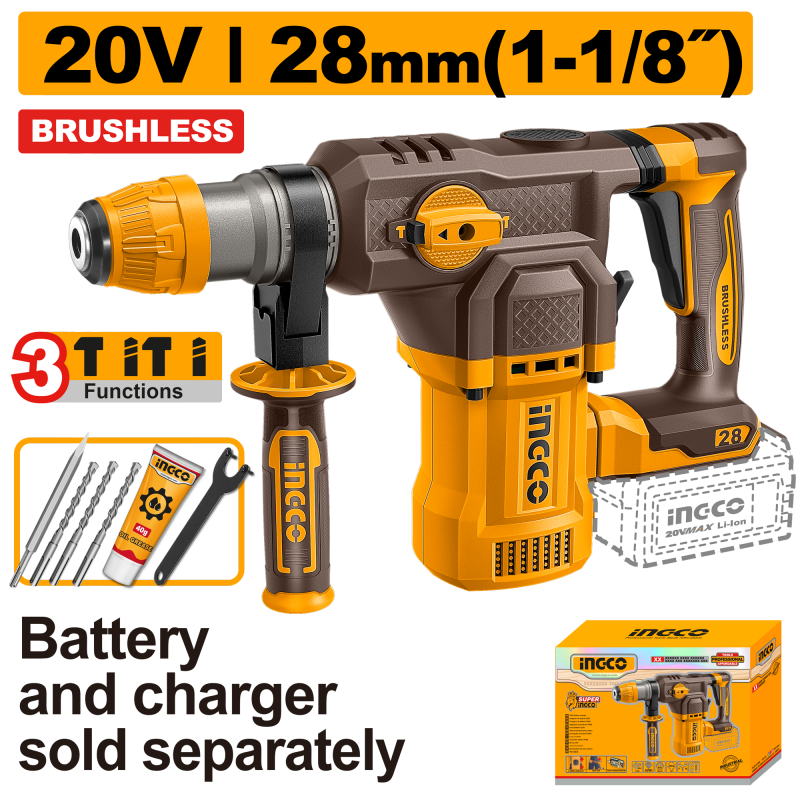 INGCO CRHLI20286 martello demolitore brushless 20V SDS Plus 28mm solo corpo, batteria e caricatore venduti separatamente