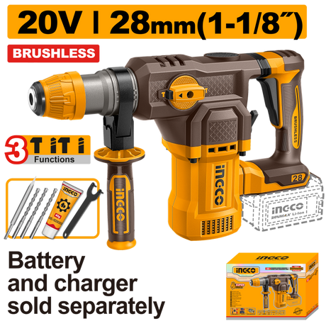 INGCO CRHLI20286 martello demolitore brushless 20V SDS Plus 28mm solo corpo, batteria e caricatore venduti separatamente