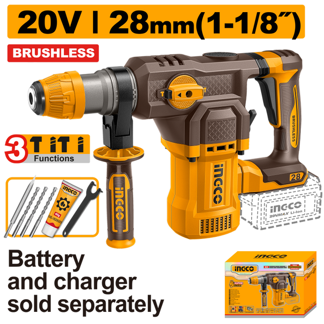 INGCO CRHLI20286 martello demolitore brushless 20V SDS Plus 28mm solo corpo, batteria e caricatore venduti separatamente