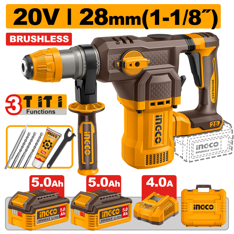 INGCO CRHLI202862E martello demolitore brushless 20V SDS Plus 28mm con 2 batterie 5Ah, caricatore, punte e valigetta