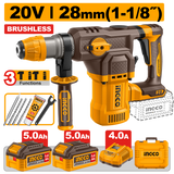 INGCO CRHLI202862E martello demolitore brushless 20V SDS Plus 28mm con 2 batterie 5Ah, caricatore, punte e valigetta