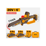 INGCO CGSLI20662E mini elettrosega brushless 20V barra 6 pollici con 2 batterie 2Ah, caricatore e valigetta