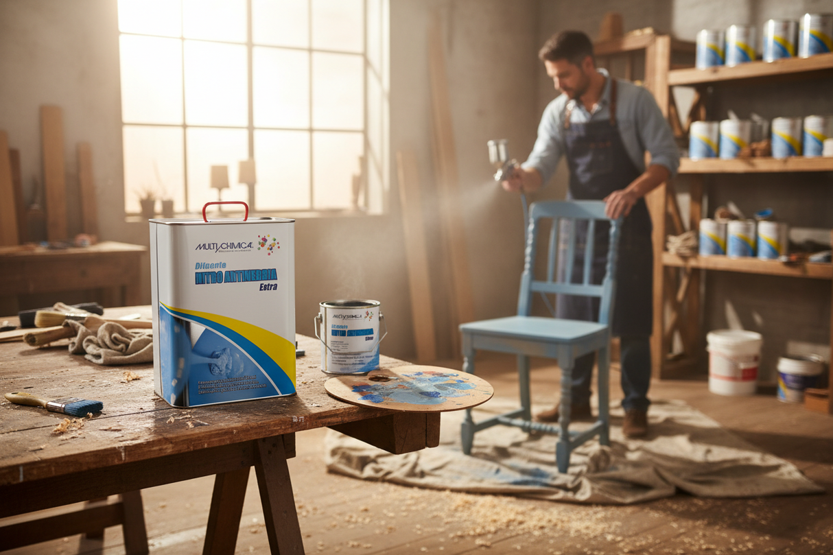 Multichimica Diluente Nitro Antinebbia Extra 5L ambientata falegnameria verniciatura legno artigiano