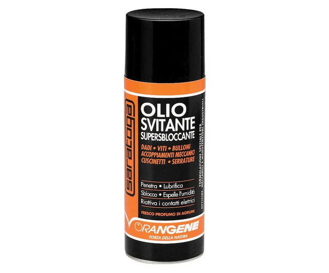SARATOGA ORANGENE olio svitante supersbloccante spray 400ml valvola All Positions dadi viti bulloni cuscinetti serrature profumo agrumi