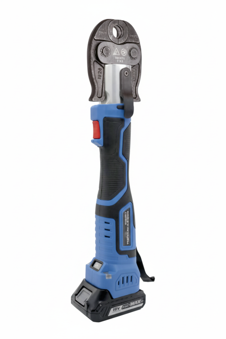 Pinza pressatrice cordless blu nera sfondo bianco professionale