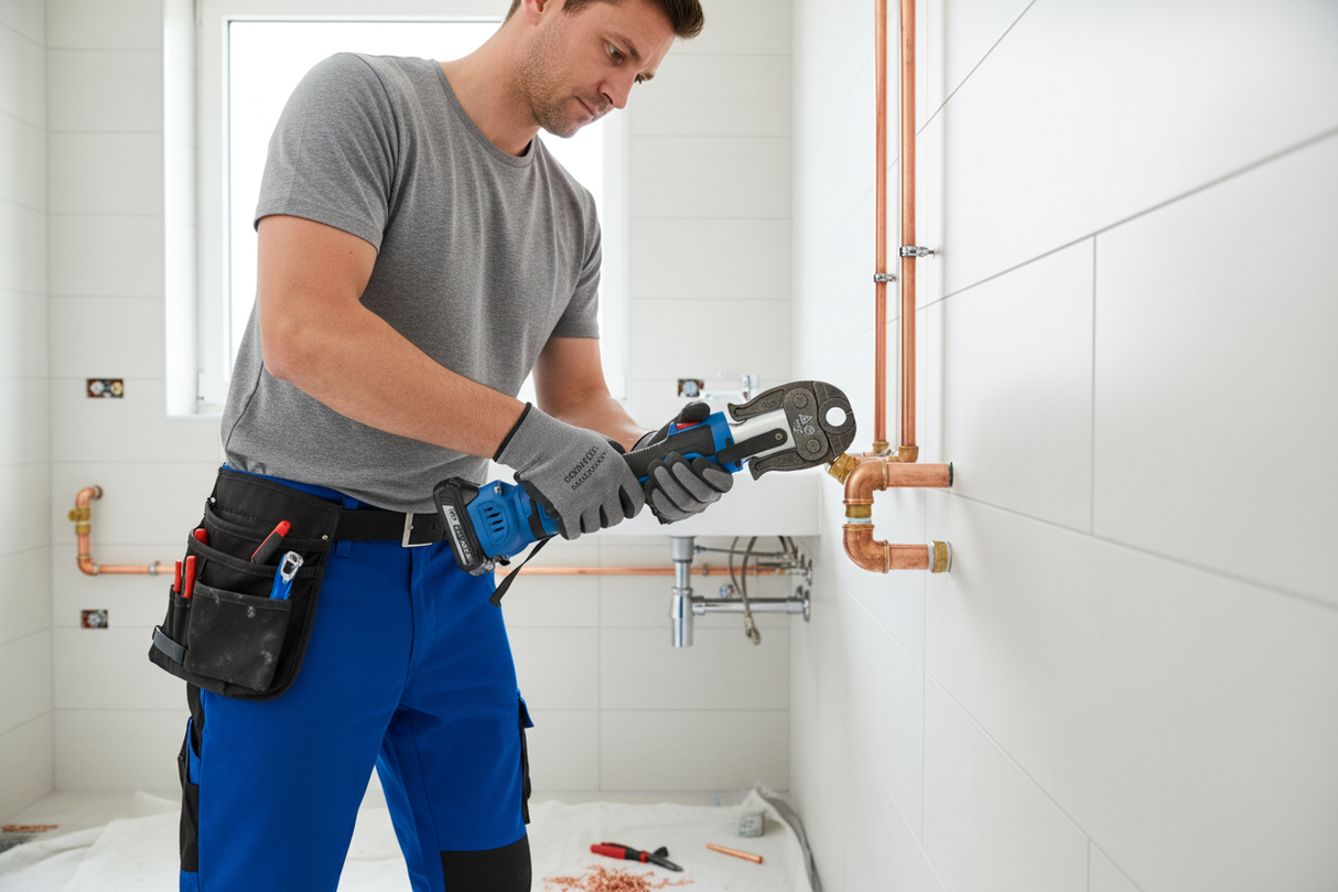 Pinza pressatrice cordless in uso idraulico installazione tubi rame