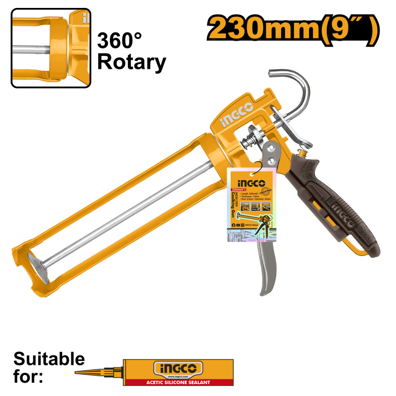INGCO - Pistola per Silicone a Stelo HCG1709 | 9'' | Stelo 1,8mm | Impugnatura Alluminio | Rotante | Antigoccia