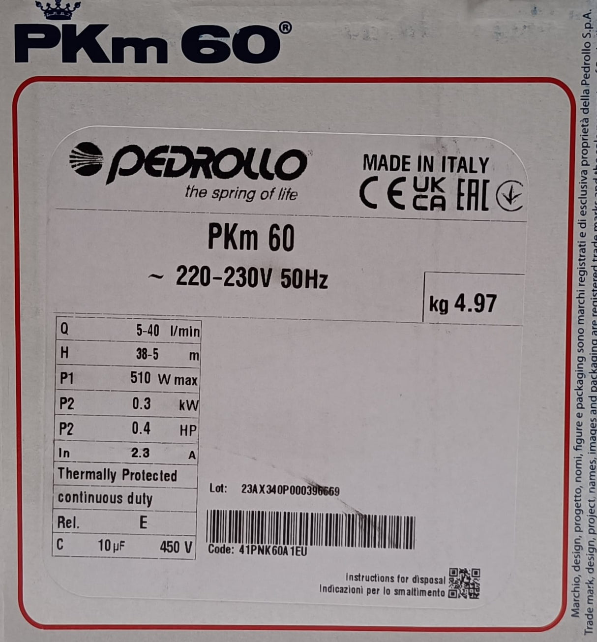 Elettropompa Pedrollo PKm 60 HP 0,40 con girante periferica monofase