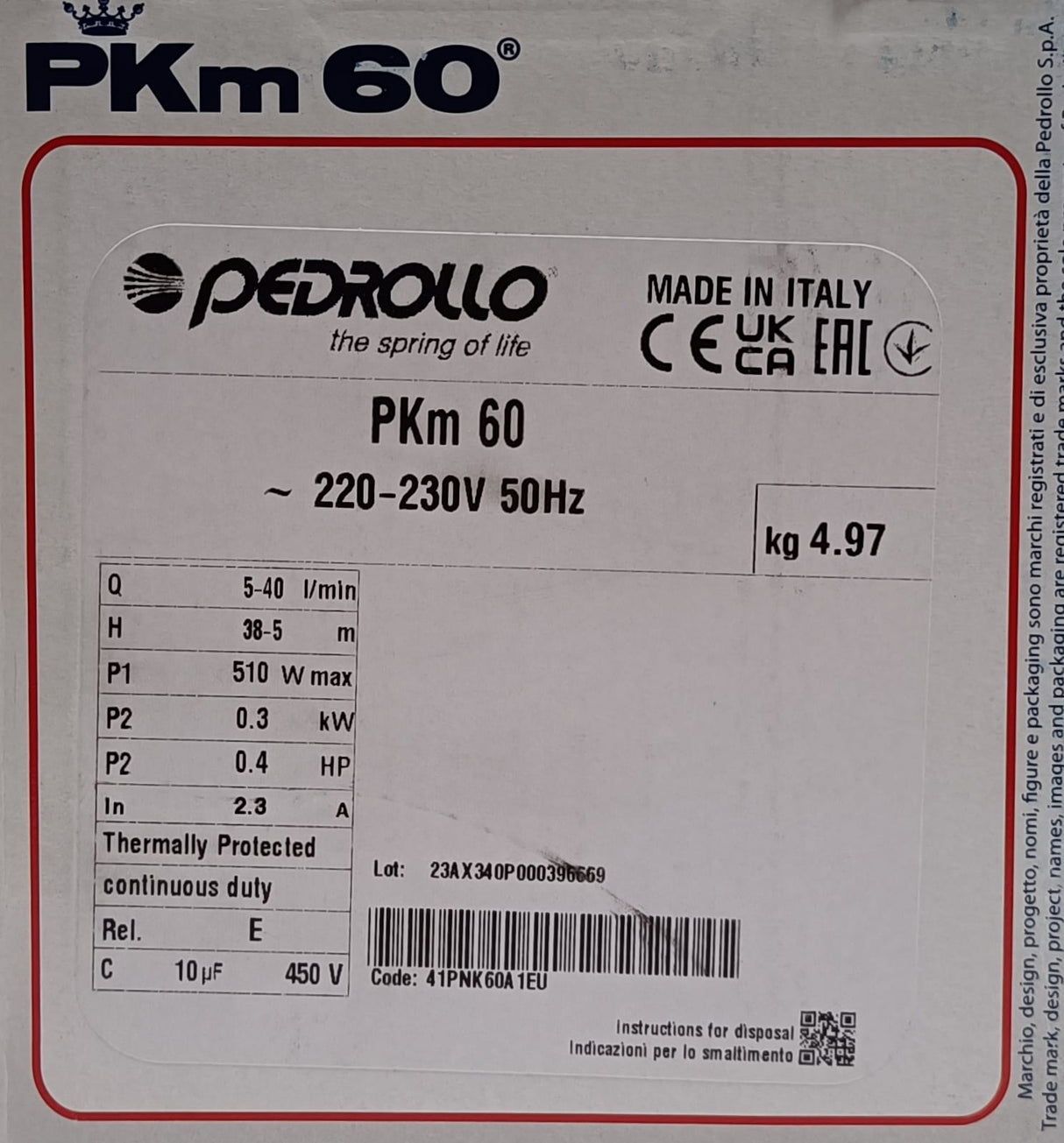 Pedrollo PKm 60 HP 0.50 electric pump with single-phase peripheral impeller - REFURBISHED