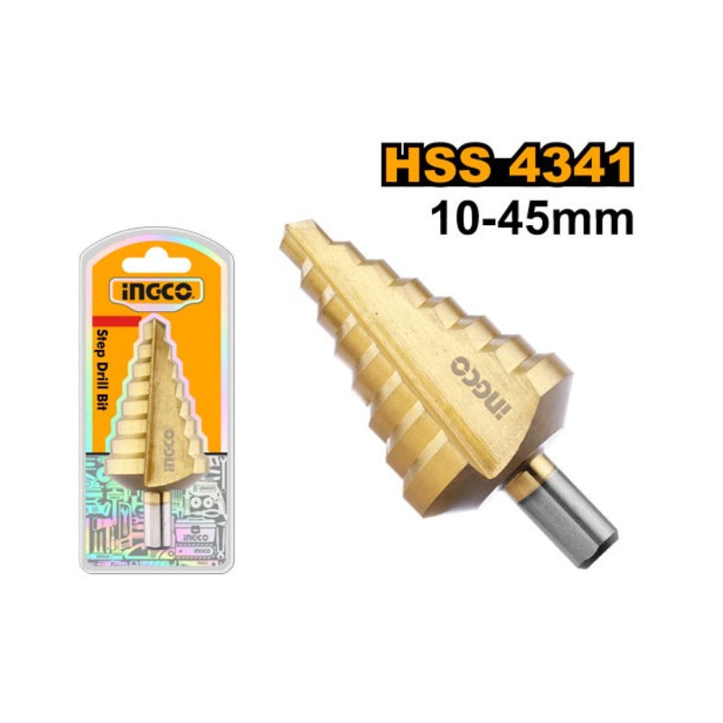 INGCO - Stufenkonusbohrer AKSDS10453 | 10-45 mm | 8 Stufen | HSS 4341 | Titanbeschichtung | Runder Schaft