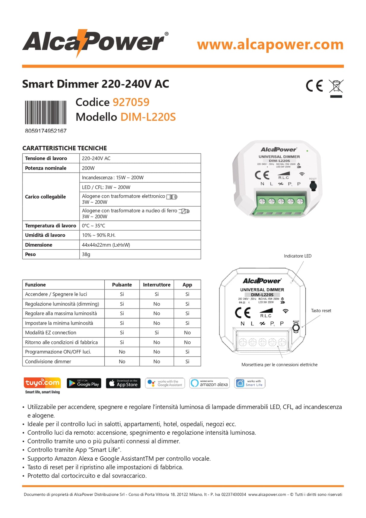 Dimmer Smart Wi-Fi da pulsante 220-240V AC 200W - Alcapower