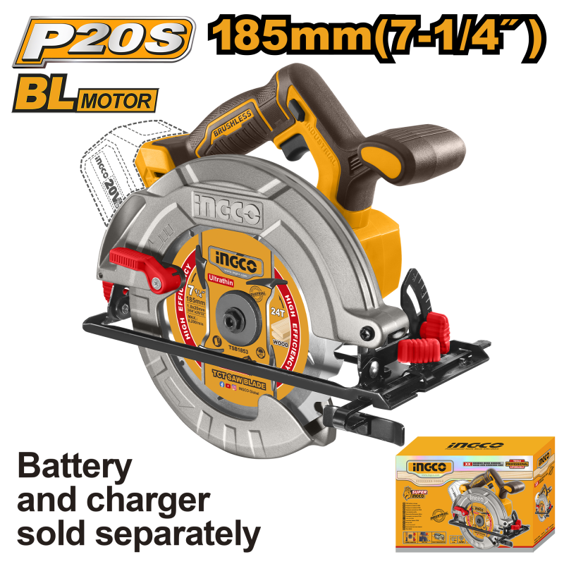 INGCO - Sega Circolare Brushless CSLI1851 | 20V P20S | 185mm | 4800 giri/min | Taglio 90° 65mm | Solo Corpo