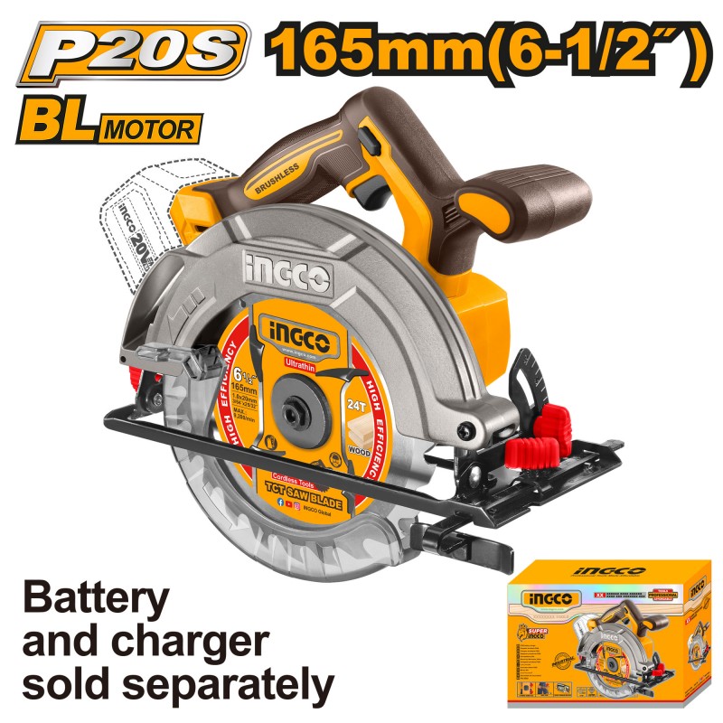 INGCO - Sega Circolare Brushless a Batteria CSLI1652 | 20V | 165mm | 5200 rpm | Taglio 90° 55mm | Solo Corpo P20S
