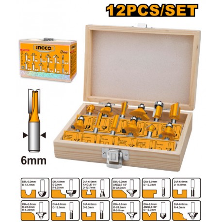 INGCO - Set 12 Frese per Legno AKRT1201 | Codolo 6mm | Cofanetto Multistrato