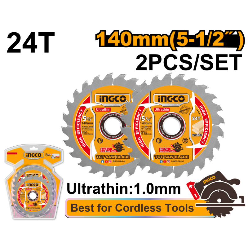INGCO – Set 2 Lame TCT Ultrasottili 140mm | 24 Denti | Per Sega Circolare