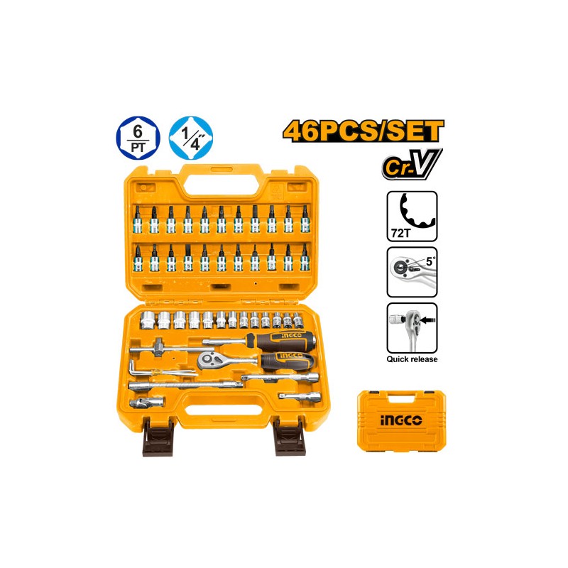 INGCO - Set Valigetta 46 pz Bussole 1/4" HKTS14462 | Cr-V 50BV30 | Cricchetto 72T | Quick Release