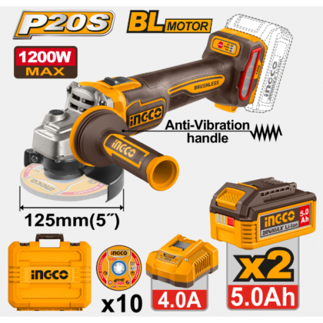 INGCO CAGLI2120272E smerigliatrice 1200W P20S impugnatura antivibrazione, 10 dischi da taglio metallo e caricatore 4A