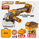 INGCO CAGLI2120272E smerigliatrice 1200W P20S impugnatura antivibrazione, 10 dischi da taglio metallo e caricatore 4A