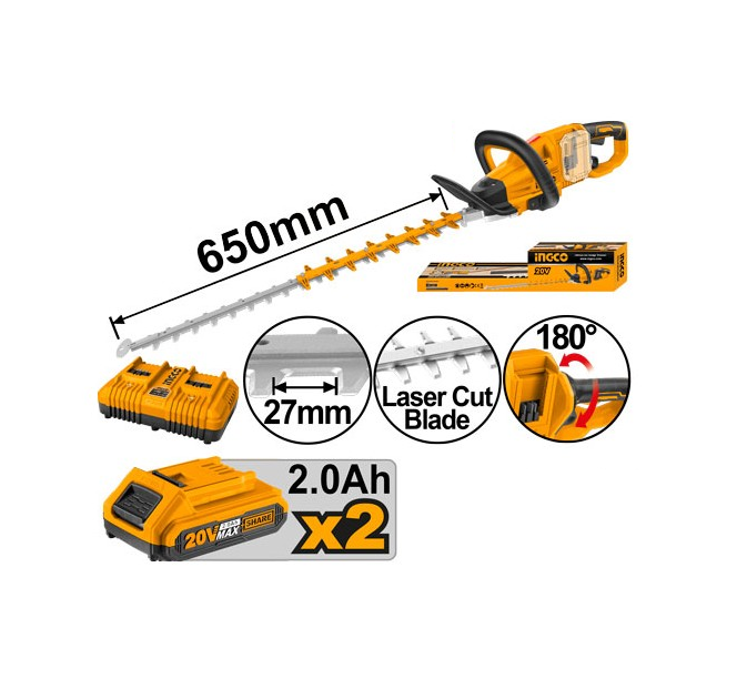 INGCO - Tagliasiepi PRO Brushless CHTLI400282 | 40V (20V+20V) | 650mm | 2 Batterie 2Ah + Caricabatteria | Lama Laser