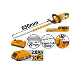 INGCO - Tagliasiepi PRO Brushless CHTLI400282 | 40V (20V+20V) | 650mm | 2 Batterie 2Ah + Caricabatteria | Lama Laser